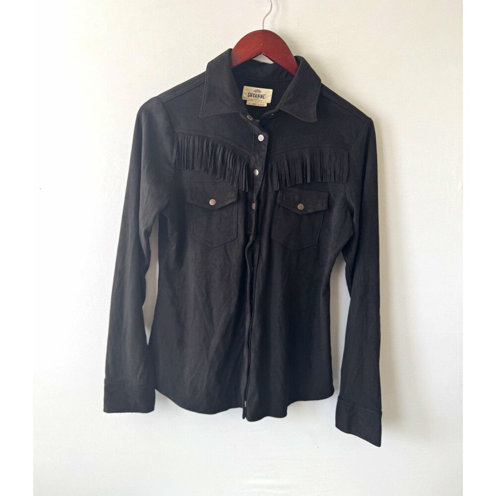 Shyanne Women’s S Black Faux Suede Fringe Button-Up Long Sleeve Collared WF19K17